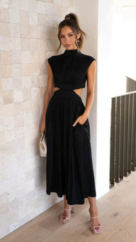 Robe midi découpée col montant