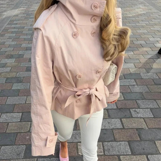 OLANE High Neck Double-Breasted Trench Jacket PinkSWomen's Coats & Jackets