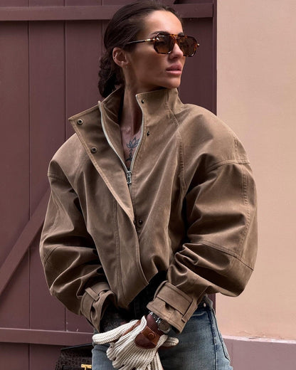OLANE High Neck Faux Suede Zip-Up Jacket BrownMWomen's Coats & Jackets