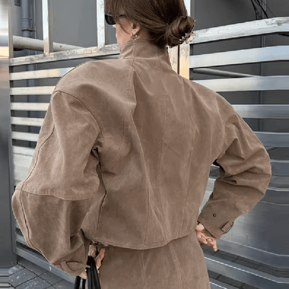 OLANE High Neck Faux Suede Zip-Up Jacket BrownSWomen's Coats & Jackets