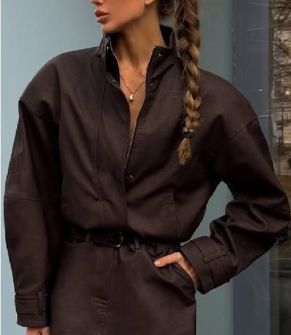 OLANE High Neck Faux Suede Zip-Up Jacket Choco BrownLWomen's Coats & Jackets
