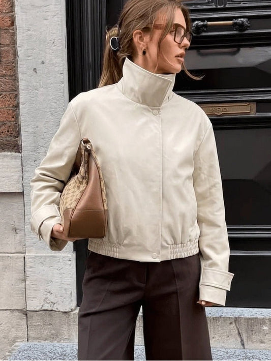 OLANE High Neck Zip-Up Bomber Jacket CremeSWomen's Coats & Jackets
