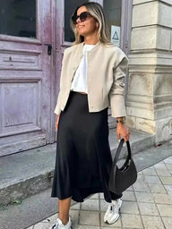 Jupe midi satin taille haute