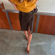 High Waist Split Knee Vegan Leather Skirt
