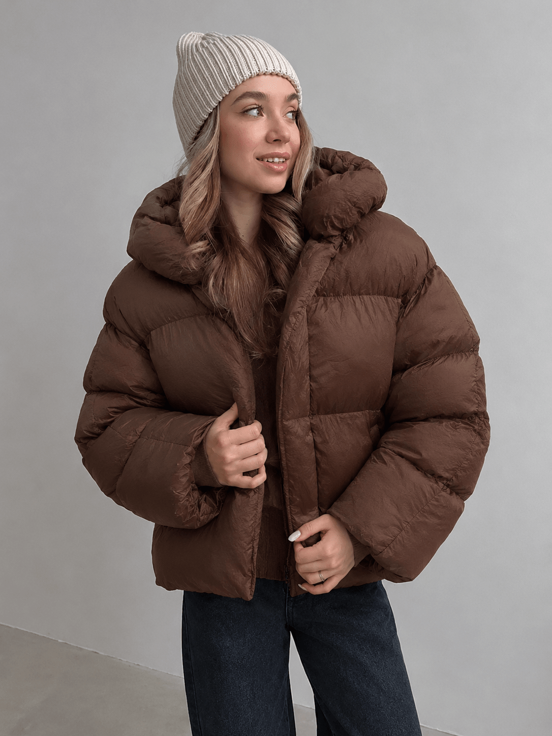 OLANE Hooded Cropped Puffer Jacket BrownMWomen's Coats & Jackets