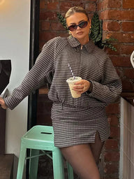 Houndstooth Zip-Up Jacket & Skirt Set