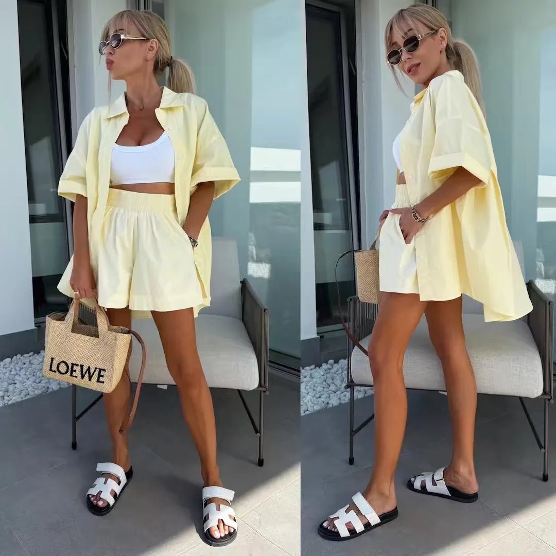 OLANE Janine Lapel Half - Sleeve Top & Shorts Set YellowSMatching Sets