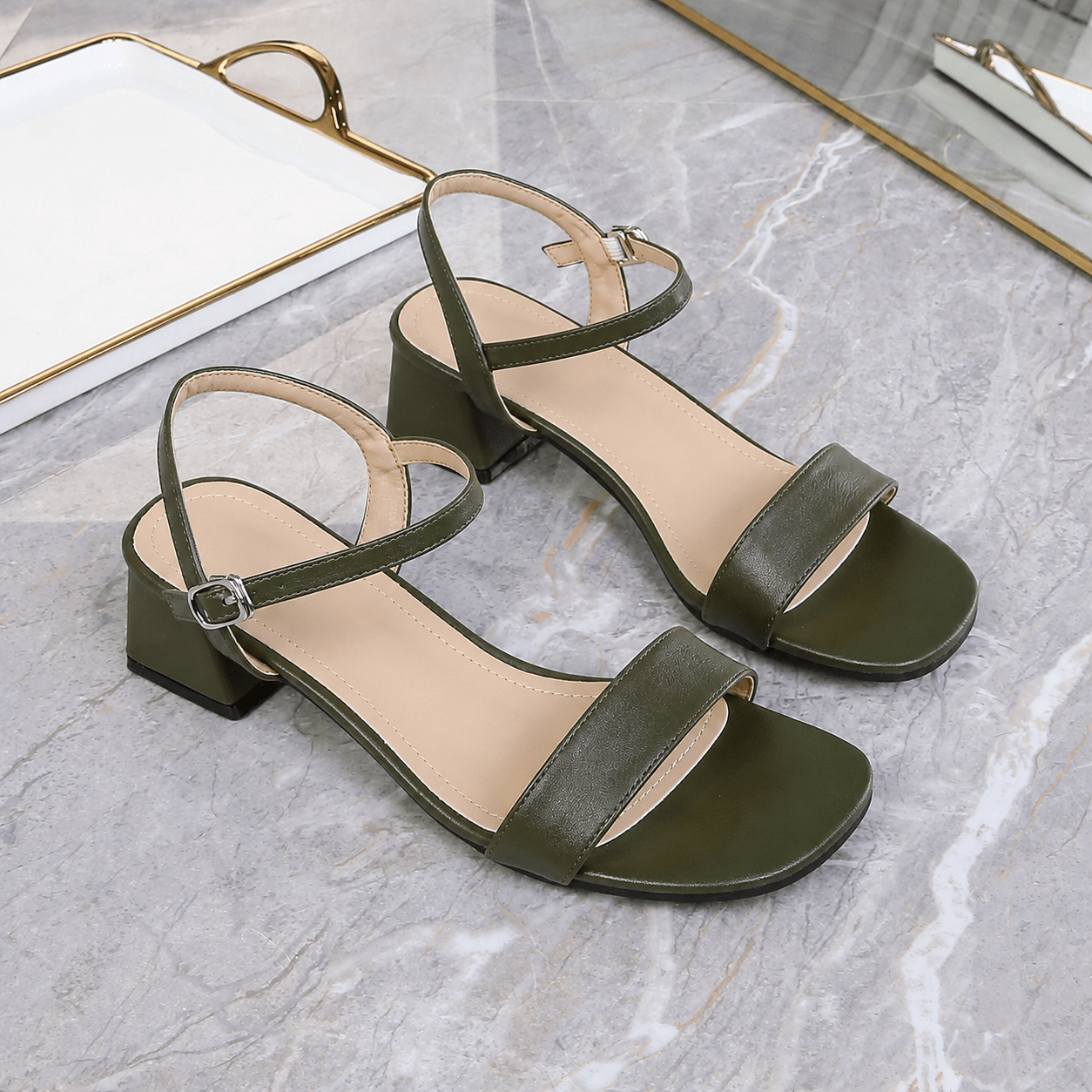 OLANE Kaya Block Heel Ankle Strap Sandal Olive Green35Women's Shoes