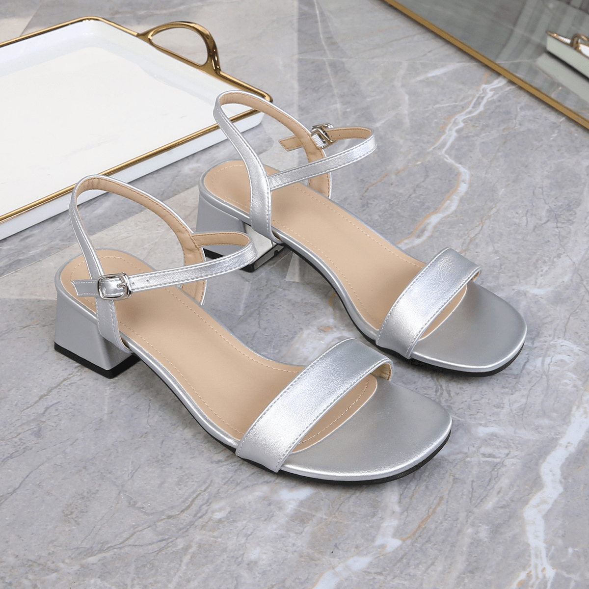 OLANE Kaya Block Heel Ankle Strap Sandal Silver35Women's Shoes