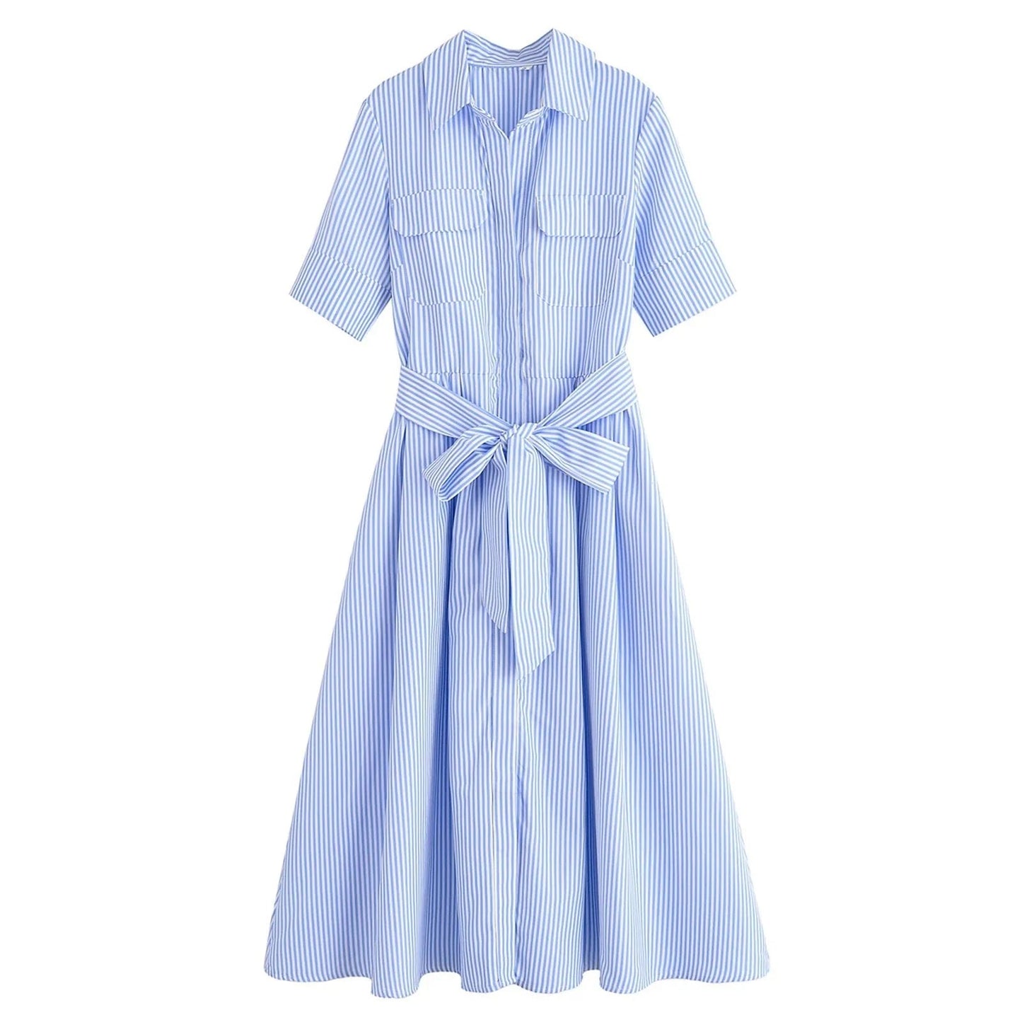 OLANE Kirra Belted Shirt Midi Dress Blue StripesXSDress