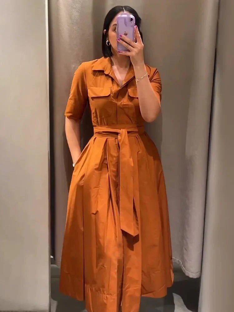 OLANE Kirra Belted Shirt Midi Dress BrownXSDress