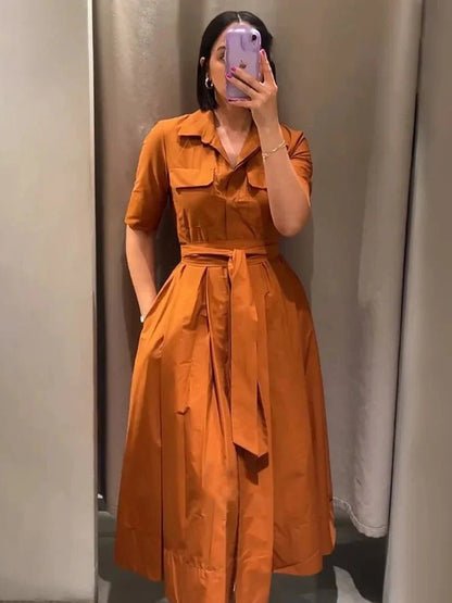 OLANE Kirra Belted Shirt Midi Dress BrownXSDress