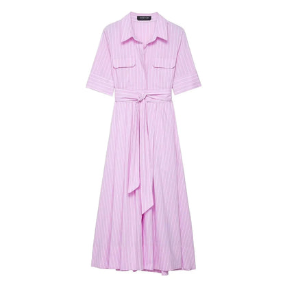 OLANE Kirra Belted Shirt Midi Dress Pink StripesXSDress