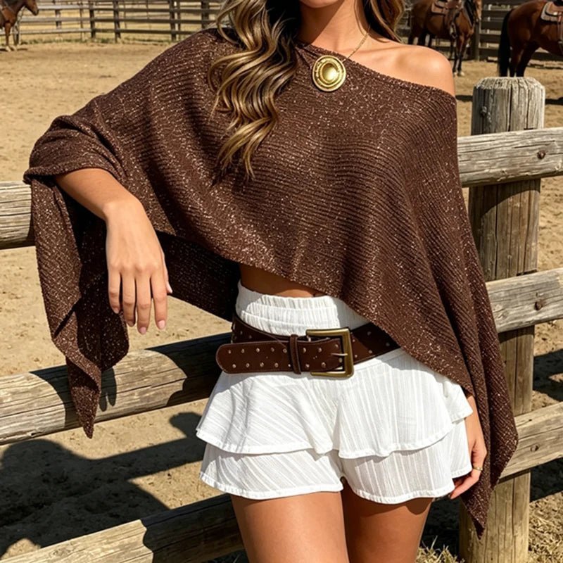 OLANE Evelyn Off-Shoulder Cape Poncho BrownCape