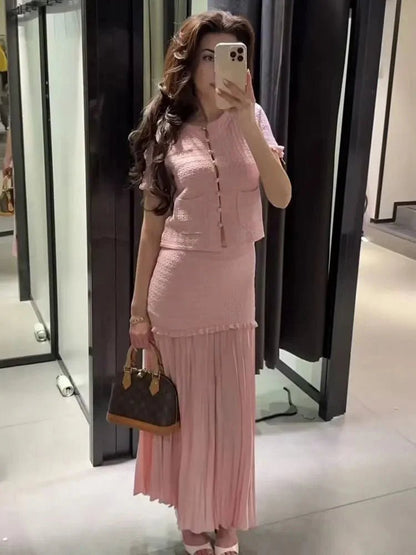 OLANE Knitted Tank Pleated Skirt Set Pink SkirtSWomen's Sets