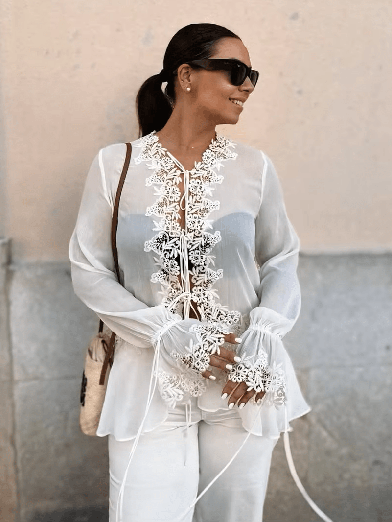 OLANE Lace Flare-Sleeve Hollow-Out Cardigan WhiteMWomen's Sweaters & Cardigans