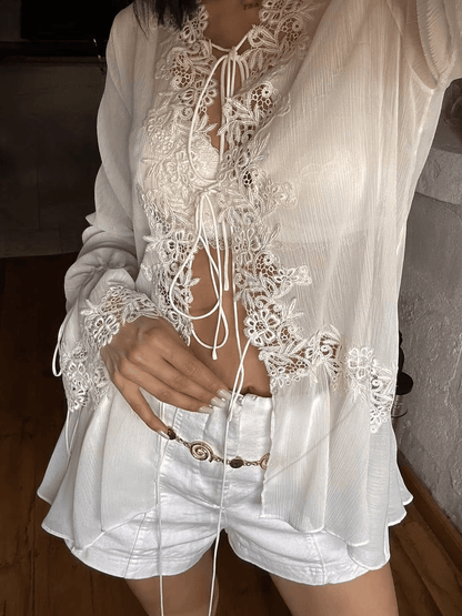 OLANE Lace Flare-Sleeve Hollow-Out Cardigan WhiteSWomen's Sweaters & Cardigans