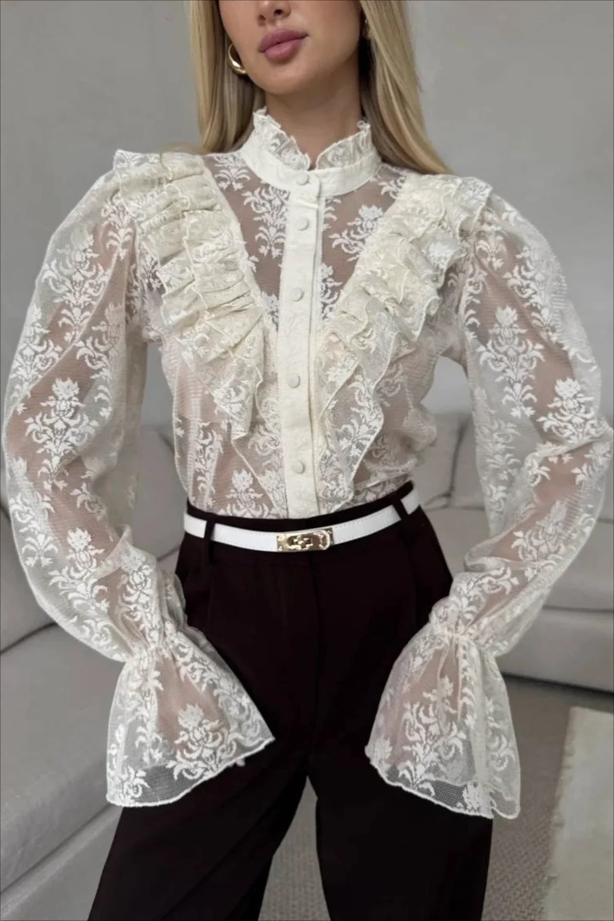 OLANE Lace Flare Sleeve Sheer Blouse BeigeLBlouse