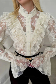 Lace Flare Sleeve Sheer Blouse