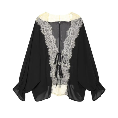 OLANE Lace Patchwork Tie-Front Blouse BlackXSWomen’s Tops