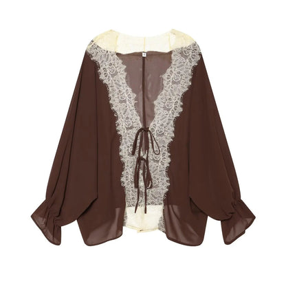 OLANE Lace Patchwork Tie-Front Blouse BrownXSWomen’s Tops