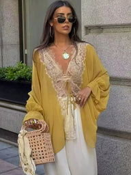 Blouse à patchwork de dentelle nouée devant