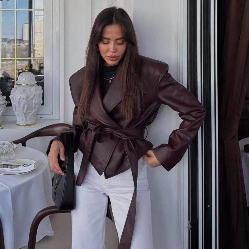 OLANE Lace-Up Faux Leather Blazer Jacket BurgundySJacket
