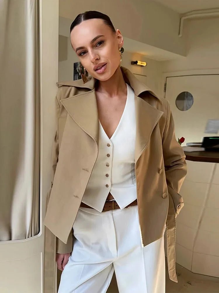 OLANE Lace-Up Lapel Cropped Trench Coat LWomen's Coats & Jackets