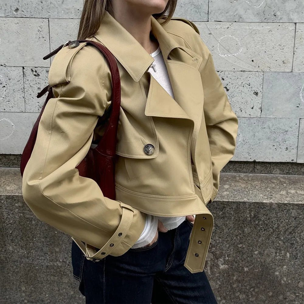 OLANE Lapel Collar Cropped Trench Jacket KhakiSWomen's Coats & Jackets