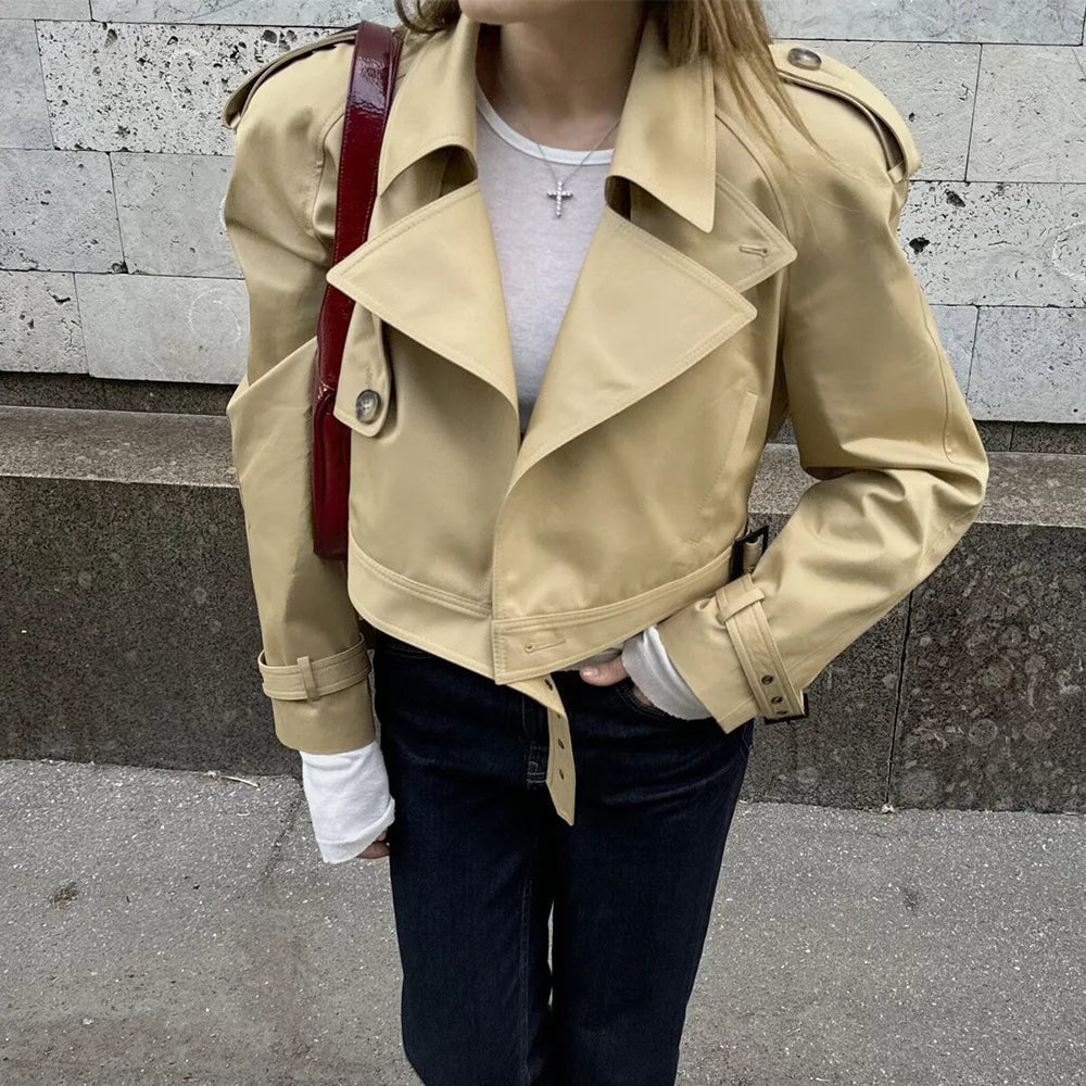 OLANE Lapel Collar Cropped Trench Jacket KhakiSWomen's Coats & Jackets