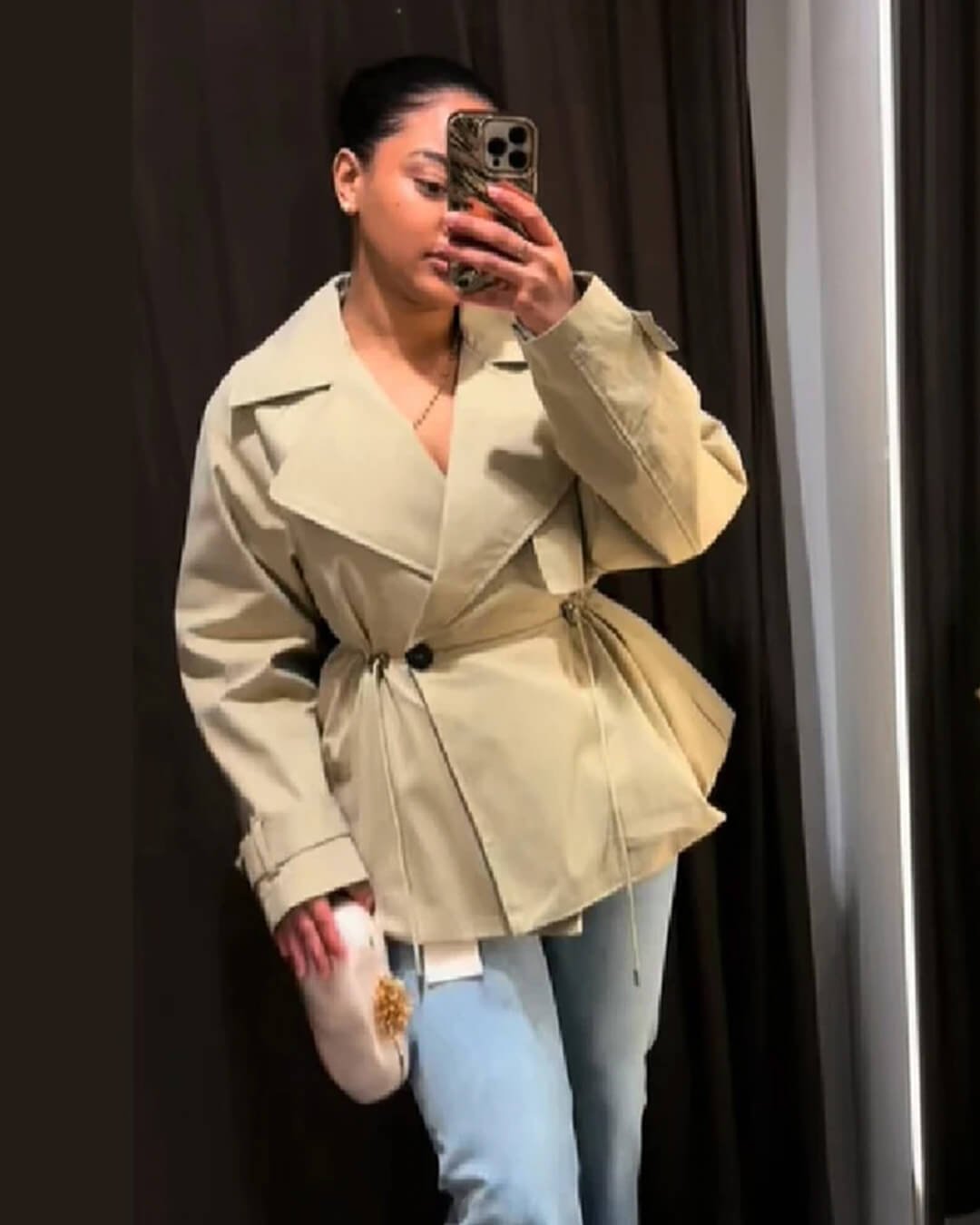 OLANE Lapel Collar Drawstring Trench Coat BeigeSWomen's Coats & Jackets