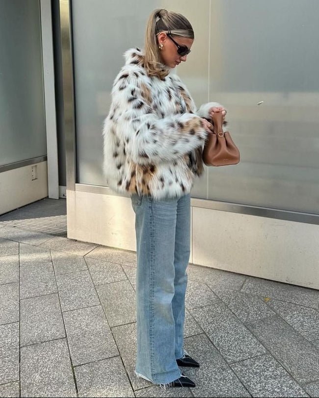 OLANE Leopard Open-Front Faux Fur Coat White LeopardLWomen's Coats & Jackets