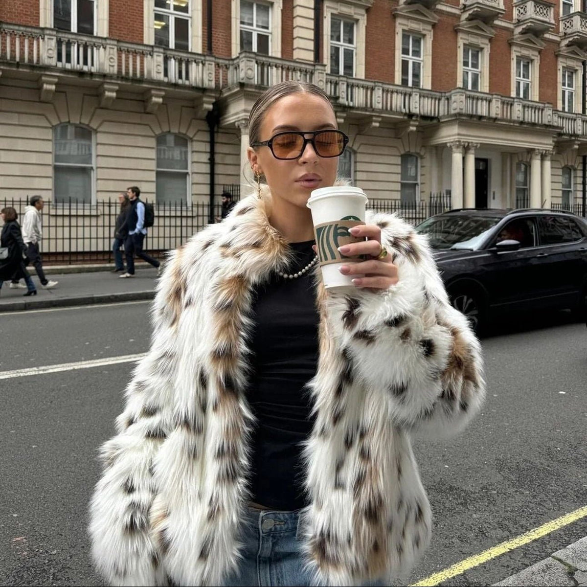 OLANE Leopard Open-Front Faux Fur Coat White LeopardXSWomen's Coats & Jackets