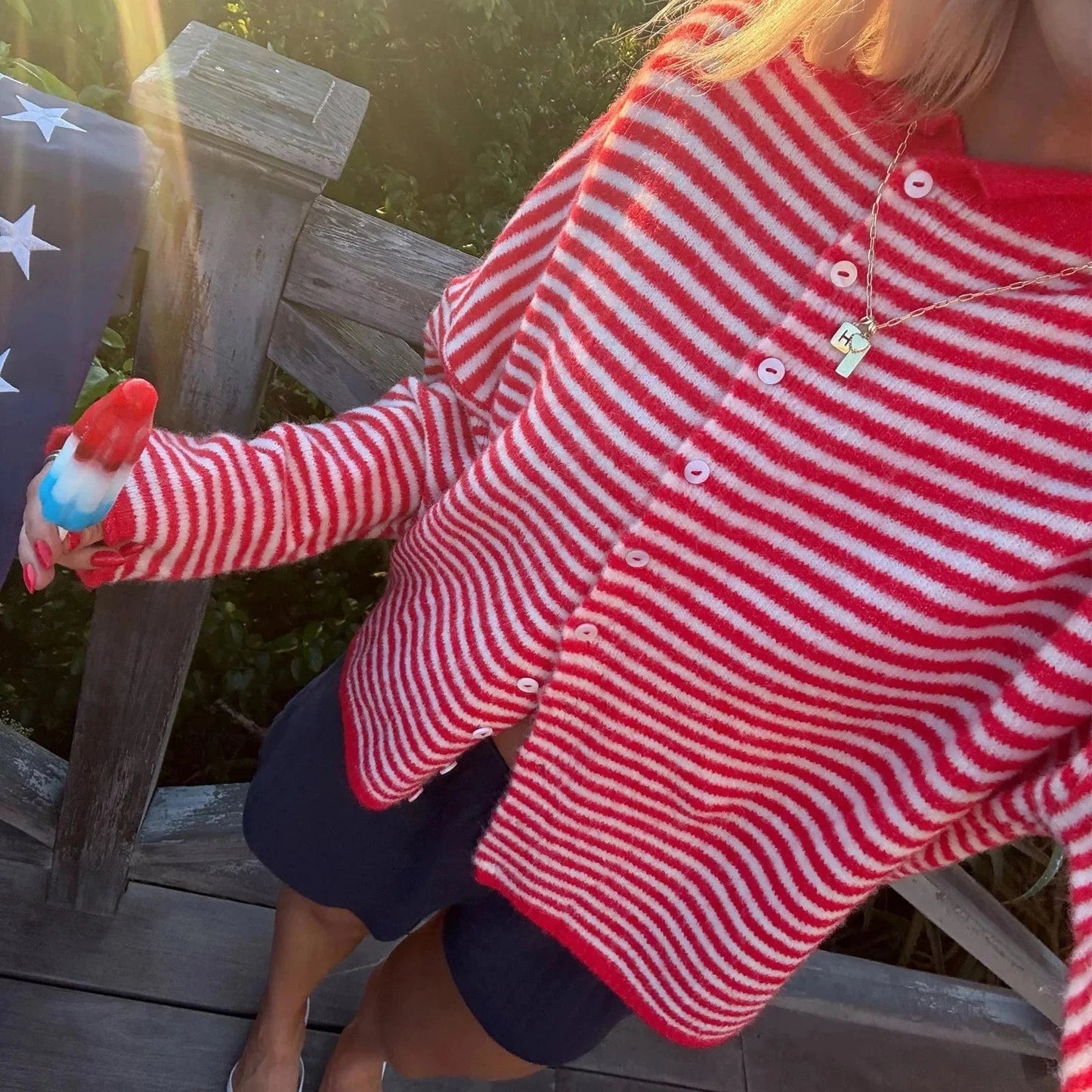 OLANE Lightweight Button - Down Striped Cardigan RedMWomen's Sweaters & Cardigans