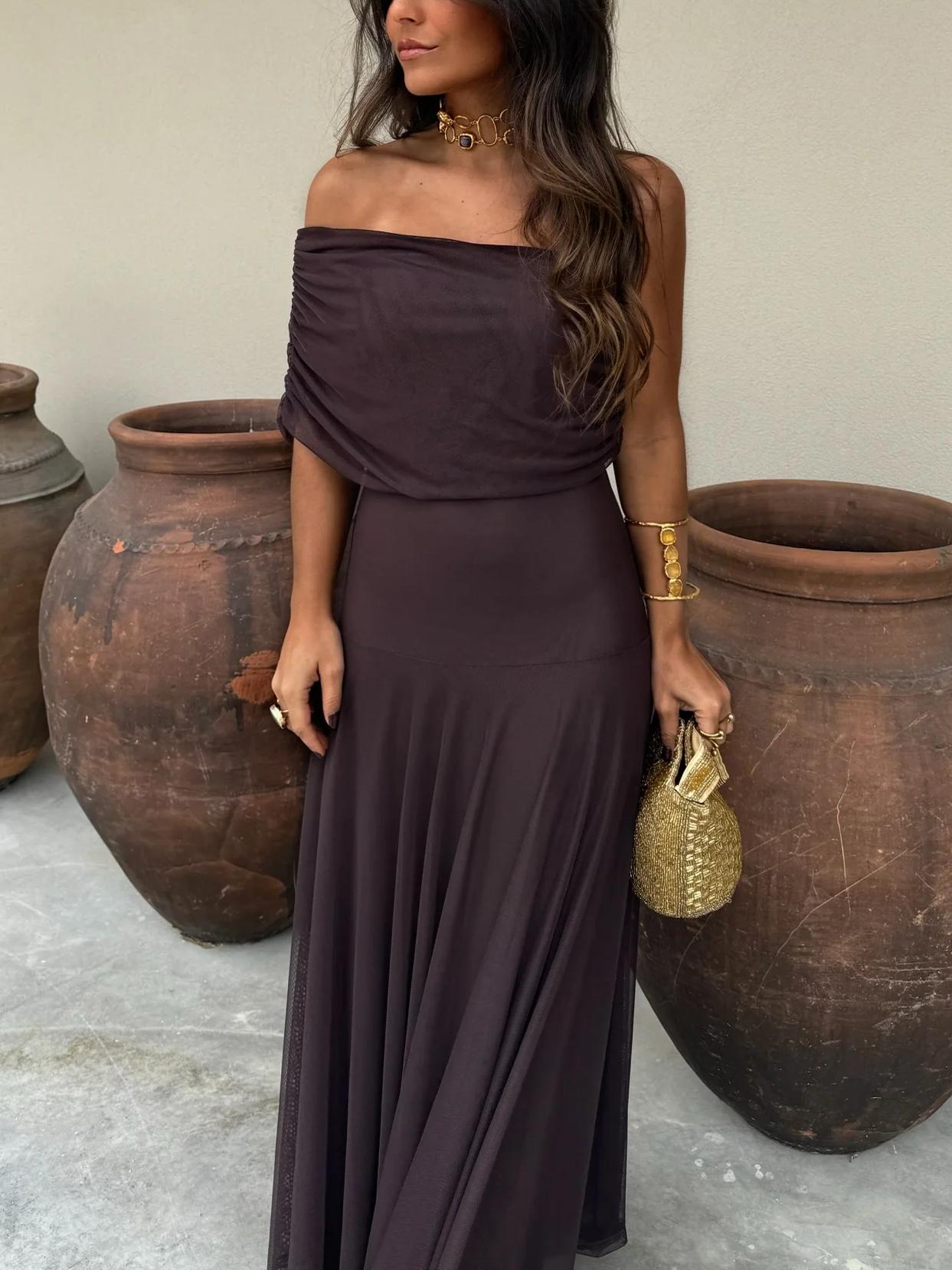 OLANE Lightweight Chiffon Off Shoulder Maxi Dress XSWomen’s Dresses