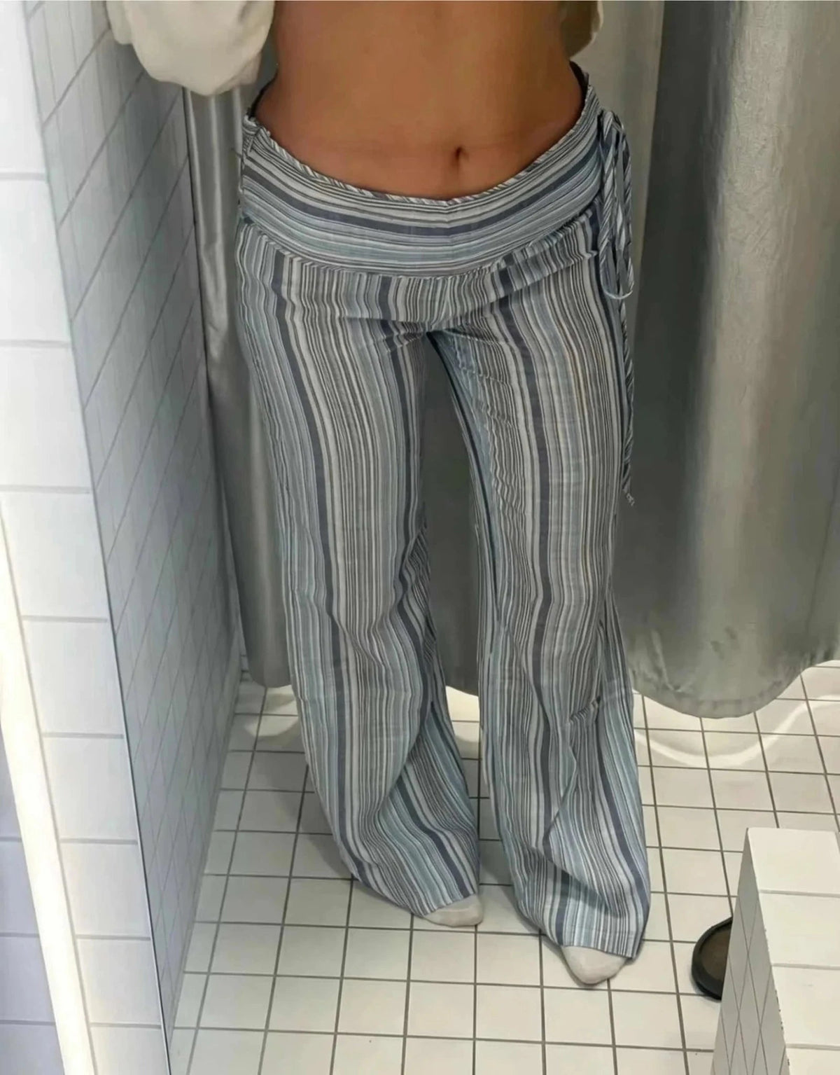 OLANE Lightweight Striped Low-Rise Trousers Blue GraySPants