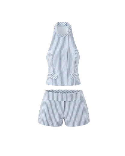 OLANE Lily Striped Halter Mini Skirt Set Set (Top+Shorts)SWomen's Sets