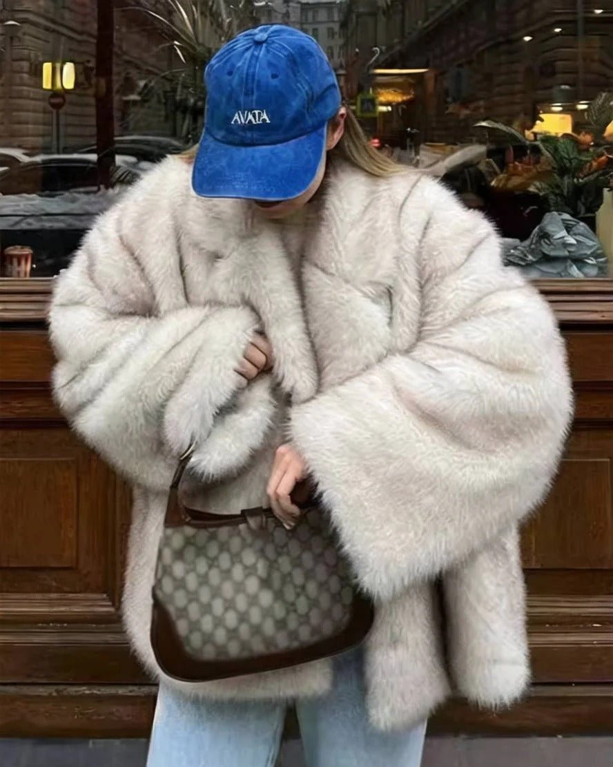 OLANE Long Plush Faux Fur Coat BeigeSWomen's Coats & Jackets