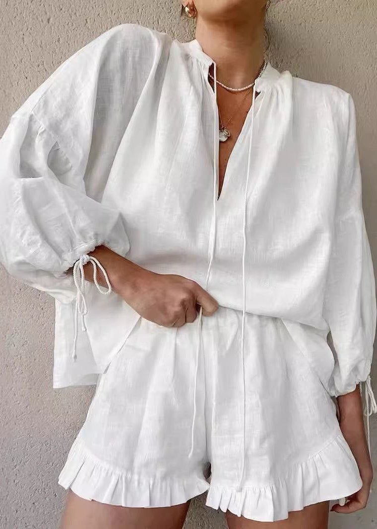 OLANE Long Sleeve Cotton Lounge Set White SetLWomen's Sets