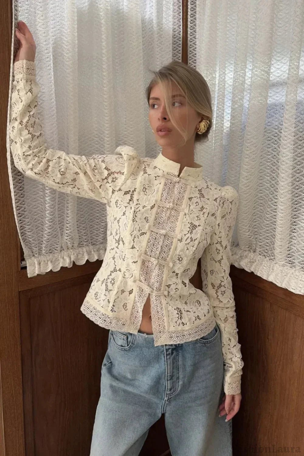 OLANE Long Sleeve Elegant Lace Blouse BeigeSWomen’s Tops