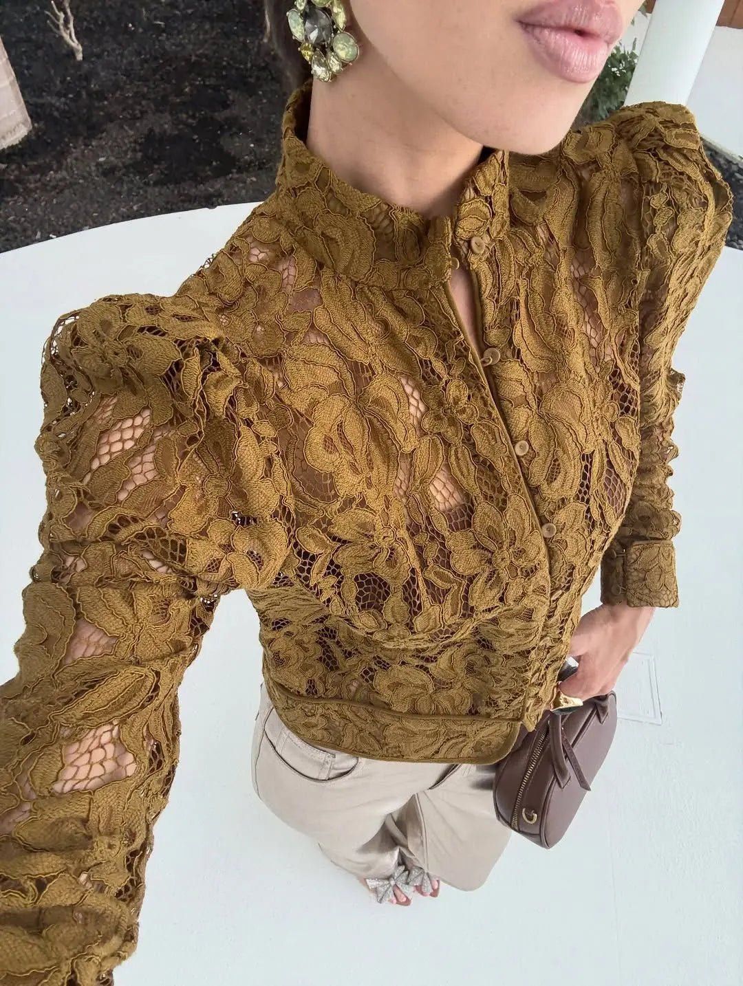 OLANE Long Sleeve Lace See-Through Blouse SWomen’s Tops