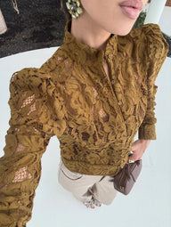 Blouse Transparente en Dentelle Manches Longues