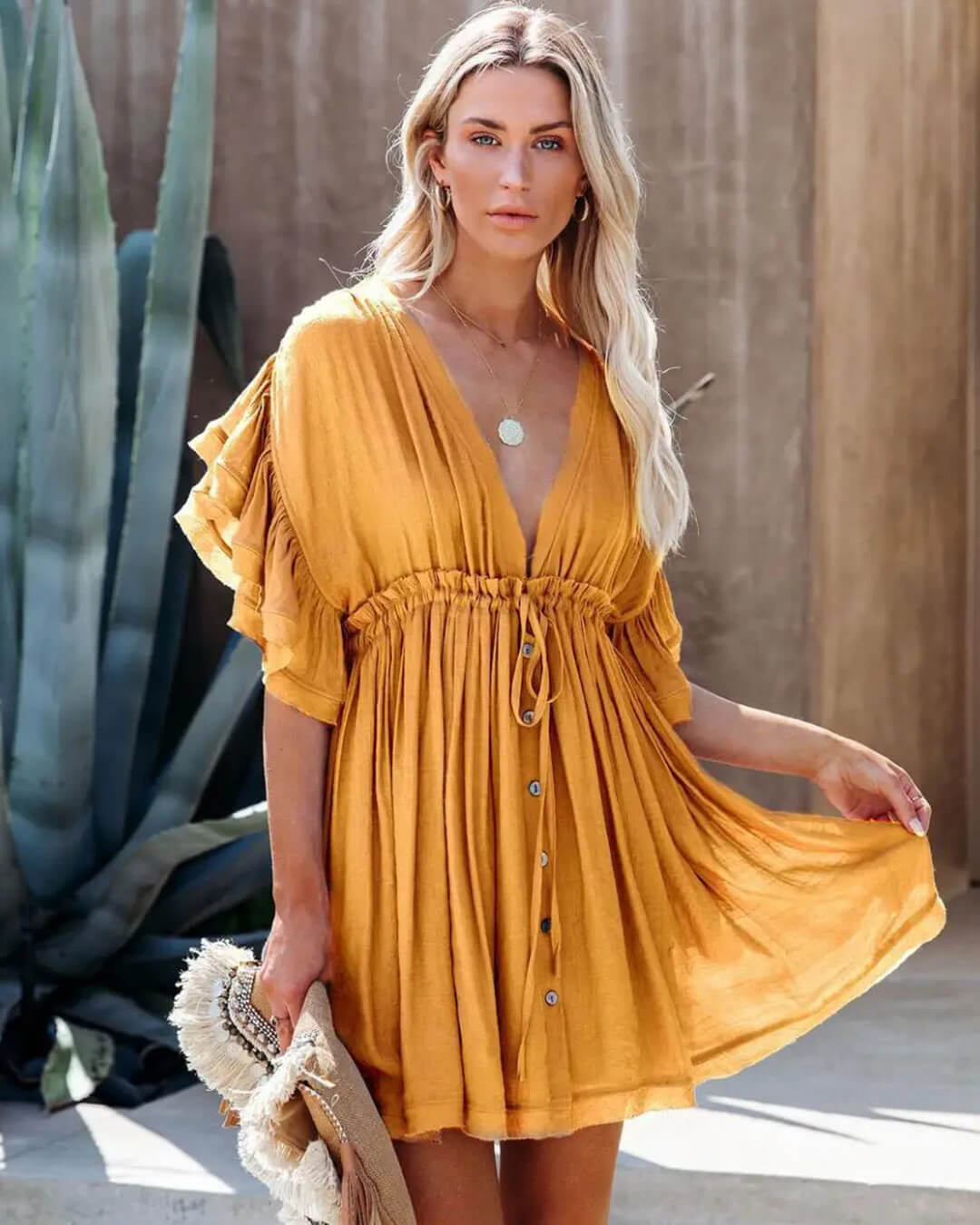 OLANE Loose Fit Babydoll Boho Mini Dress YellowOWomen's Dresses