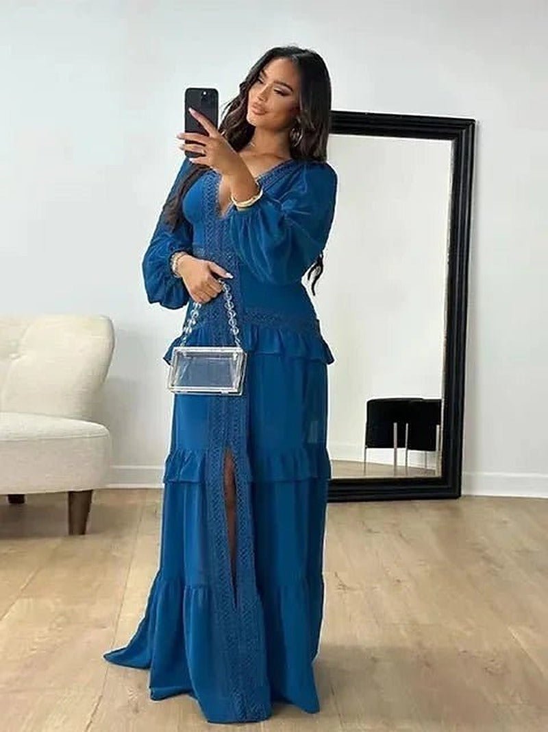 OLANE Lucy Deep V-Neck Ruffle Maxi Dress Navy BlueMWomen's Dresses