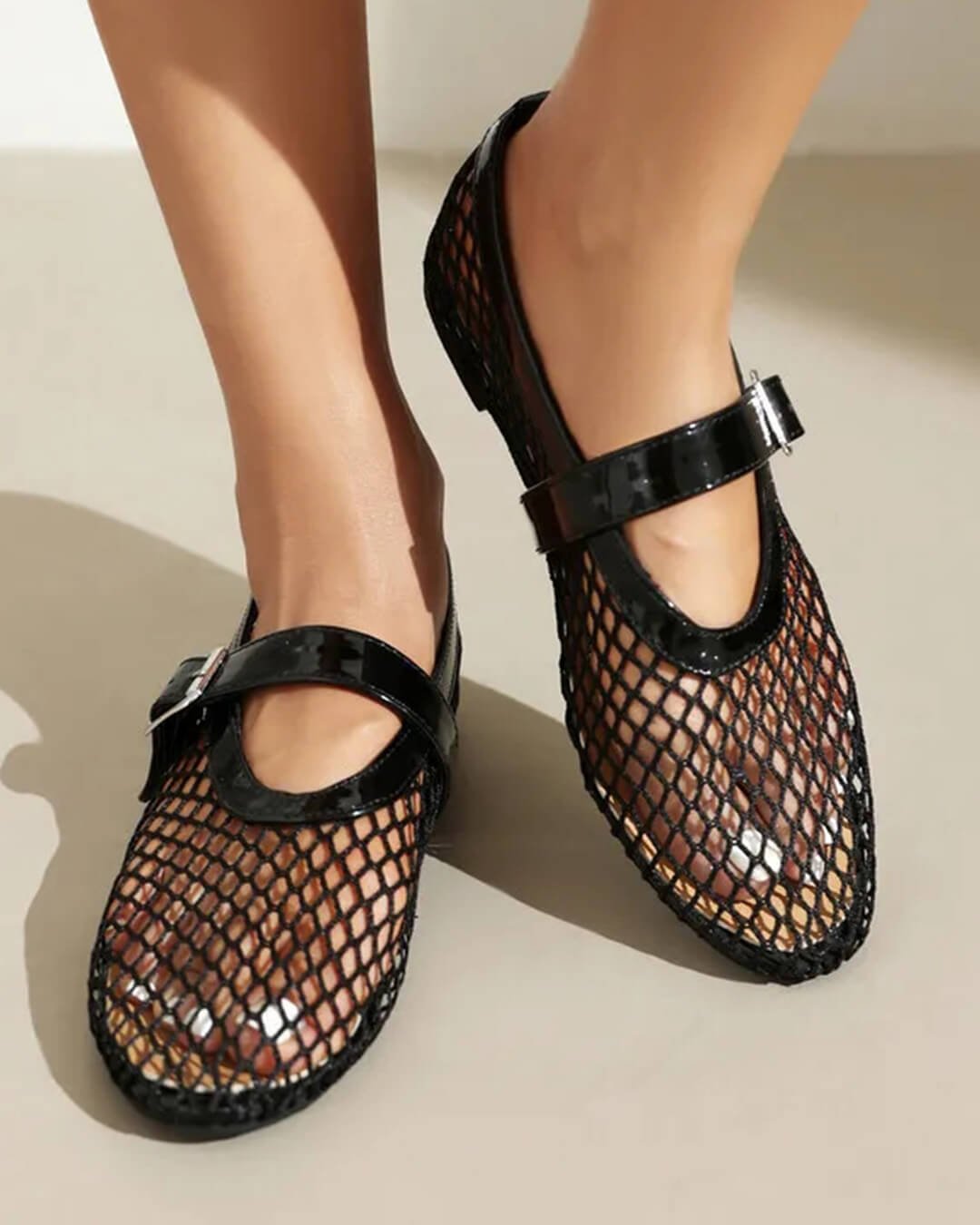 OLANE Luella Buckled Mesh Ballet Flats Black35Shoes