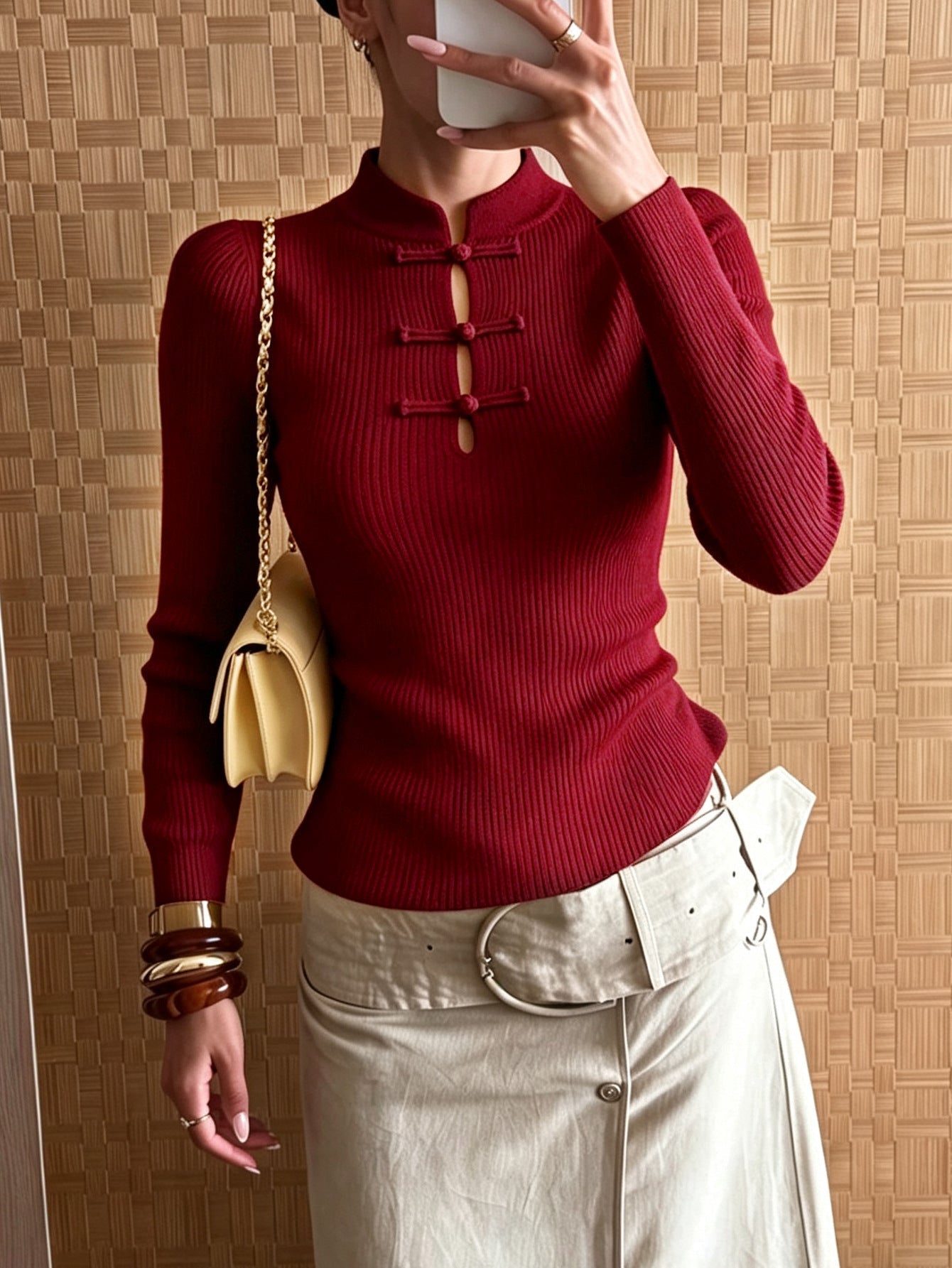 OLANE Mandarin Collar Ribbed Knit Top RedXSTop
