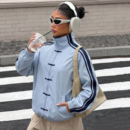 OLANE Mandarin Striped Oversized Jacket BlueSWomen's Coats & Jackets