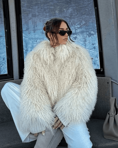 OLANE Mongolian Fuzzy Faux Fur Coat BeigeXSWomen's Coats & Jackets