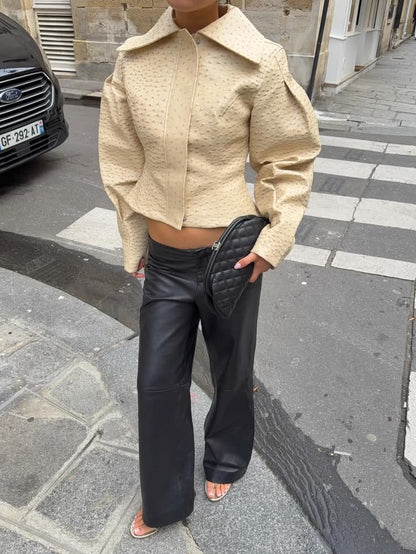 OLANE Ostrich Texture Cropped Faux Leather Jacket Women's Coats & Jackets