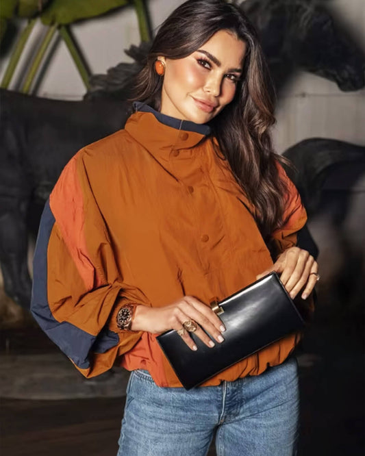 OLANE Oversized Colorblock Cropped Jacket OrangeSWomen's Coats & Jackets
